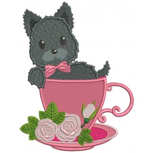 Cute Little Dog Sitting In a Beautiful Cup Filled Machine Embroidery Design Digitized Pattern